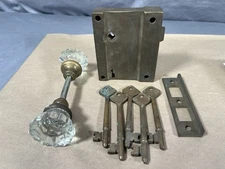 Antique Solid Brass Rim Lock Set with Plate Crystal Door Knob and Two Keys Box