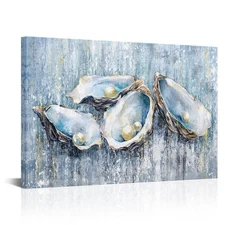 Coastal Theme Wall Art Decor Oyster Shell with Pearl Canvas Painting Blue Pri...