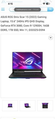 ASUS ROG Strix Scar 15 (2022) i9 12900H RTX 3080 16GB 1TB SSD Win 11