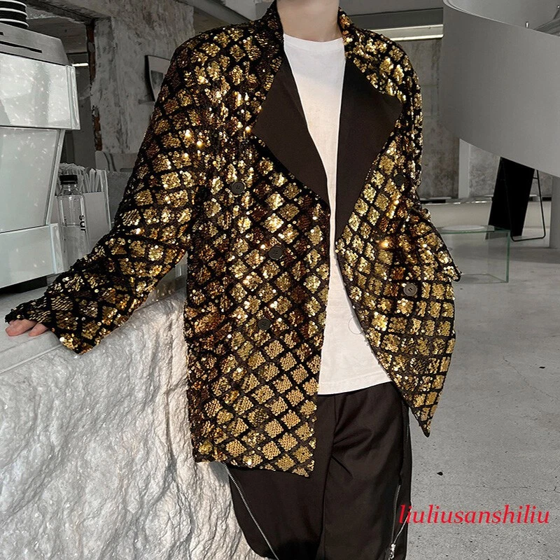 Men's Sequin Peak Lapel Long Dress Jacket Suit Blazer Dinner Party Prom Coat