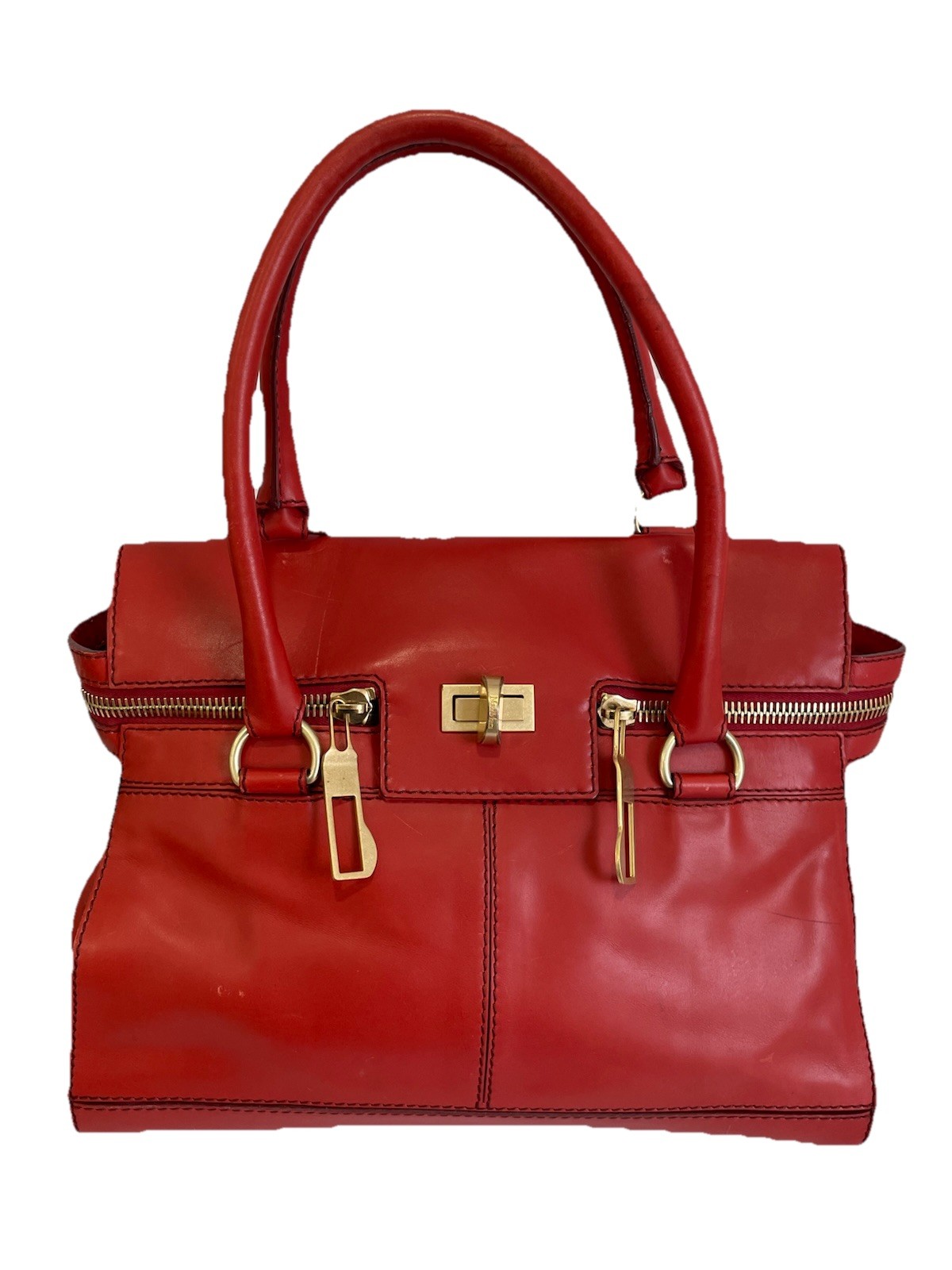 Y# Max Mara Red Leather Satchel Handbag Made in Italy Gold Hardware Medium Tote