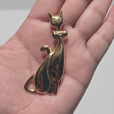 Vintage Gold Tone Siamese Cat Brooch Pin Feline Clear Rhinestone Eyes Bowtie 2''