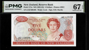 New Zealand 5 Dollars 1981 - 85 PMG 67 EPQ UNC Pick # 171a Queen Elizabeth II