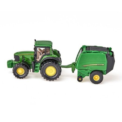 siku 1665, John Deere Tractor with Round Baler and 2 Bales, Metal/Plastic, Green