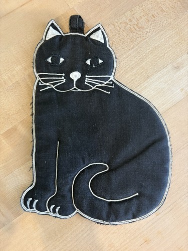 Vintage BLACK CAT quilted embroidered potholder pot holder Halloween