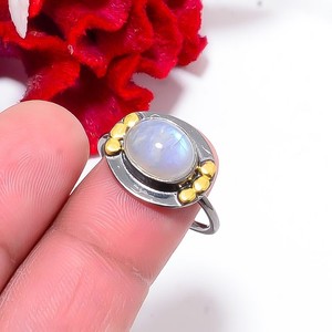 Authentic Rainbow Moonstone - India Black And Gold Plated 925 Sterling Silver Ring S.9 R43