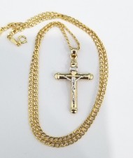 Real 14k Yellow Gold Jesus INRI Crucifix Cross Pendant Charm 20 Inch Cuban Chain