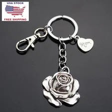Vintage Rose Flower Petal Charm Pendant Keychain Key Chain Clip Mom Heart Gift