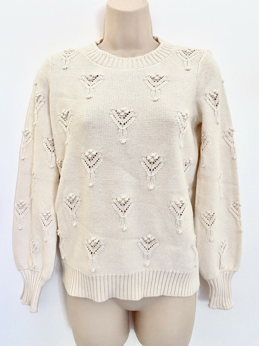 Pointelle Sweater White Puff Sleeve Jumper NWT Loft Women's