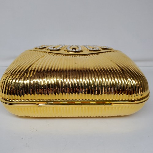 Vtg Gold Tone Convertible Metal Case Clutch Shoulder Bag Latch Clear Crystals - Picture 6 of 9