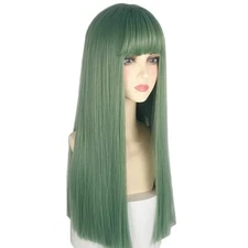 Malachite Green 22" Long Straight Hair Wig With Bangs Heat Resistant For Daily