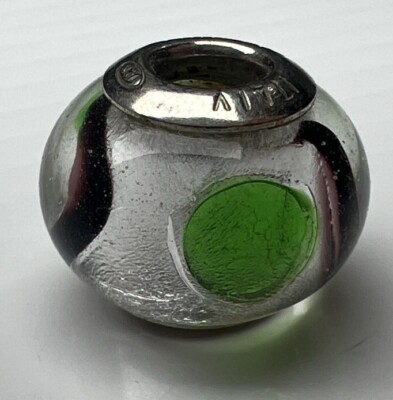Murano Italy 925 Sterling Silver Glass Slide Bubble Bead Charm Clear Green Foil