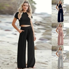 Women's Casual Sporty Style 2Pce Outfit-Sexy Short Sleeve Top&Wide-Leg Pants Set