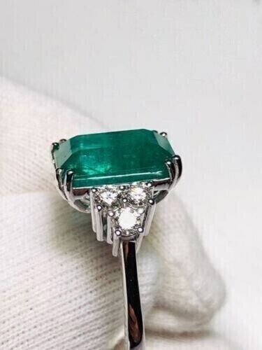 3.30Ct Emerald Cut Natural Emerald & Diamond Cocktail Ring Solid 14K White Gold - Picture 5 of 13