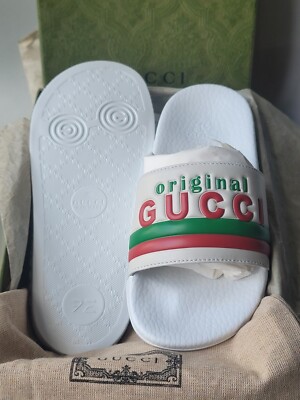 Gucci Kids White Green Red Stripe Original Logo Slides Shoes Size