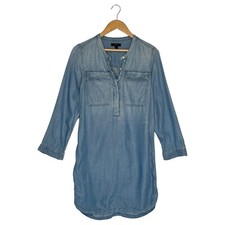 J Crew Dress Womens M Blue Chambray V Neck Long Sleeve Pocket Button Henley
