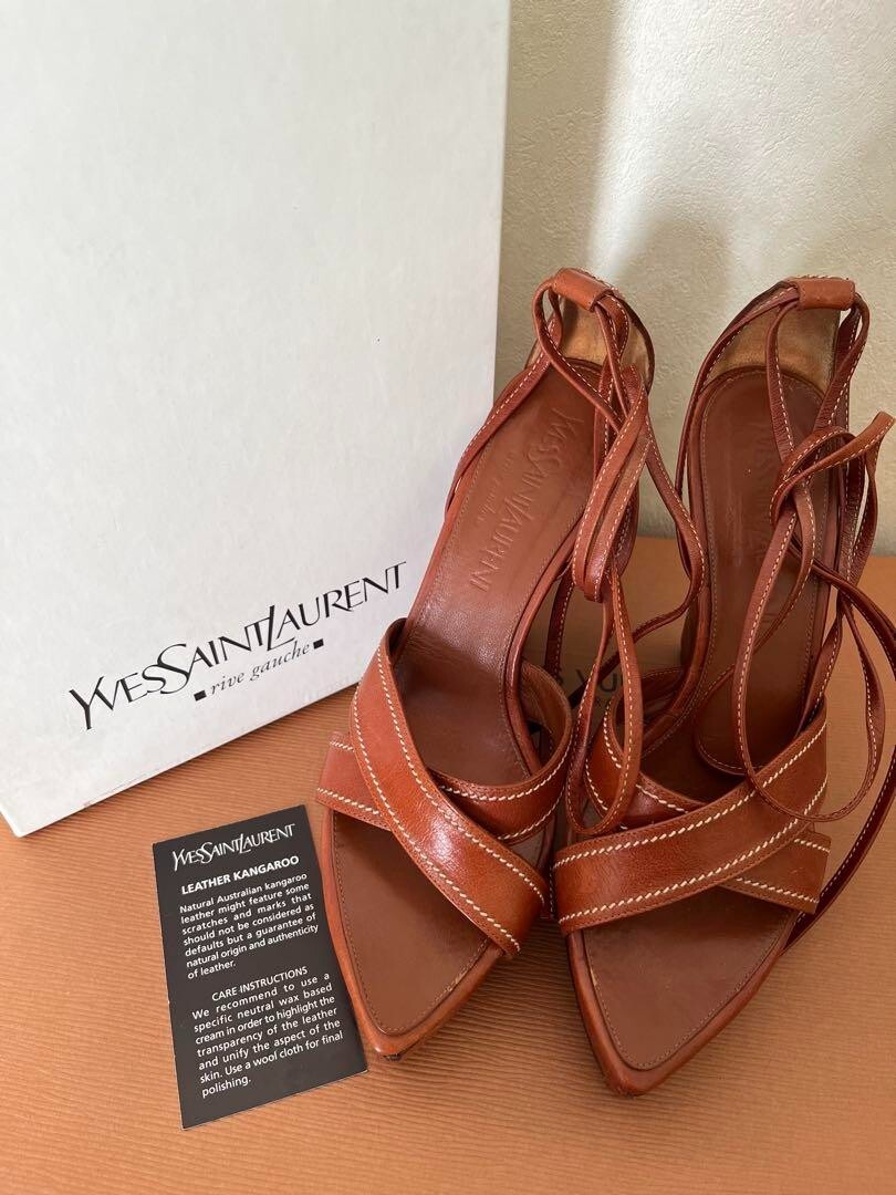 YSL Yves Saint Laurent sandali stringati zeppa tacco pelle marrone donna 37 US7