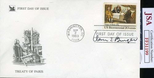 Warren Burger Jsa Cert autographe signé à la main Cour suprême Fdc - Photo 1/2