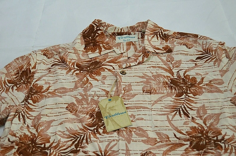 Caribbean Mens Pure Silk Hawaiian Shirt Short Sleeve Brown Size Medium NWT - Image 2 of 4