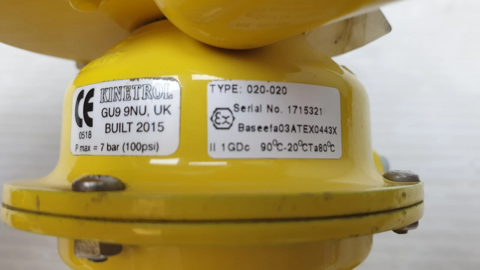 Kinetrol 020-020 spring unit labels: CE built 2015, Ex II 1GDc, Baseefa03ATEX0443X