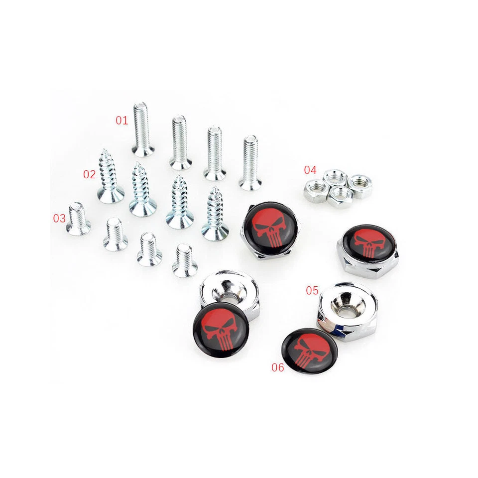 4pcs Red Punisher Logo Car Rear License Plate Frame Anti-theft Fixing Screw Kit - Image 3 of 4
