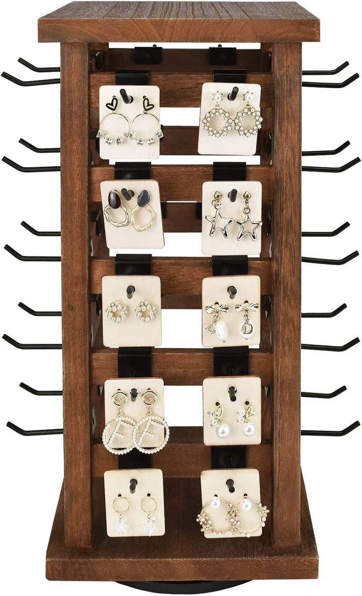 Rotating Earring Display Stand For Vendors - 36 Hook Jewelry Rack With Wooden Base, Holds Earring Cards - View #5