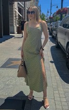 ZARA POLKA DOT LINEN BLEND MIDI DRESS LIGHT GREEN SIZE XS