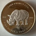 Chad, 5000 Francs, Rhinoceros, 1 troy oz .999 Fine Silver Art Round