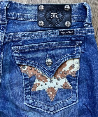 Miss Me Women's Cow Hide Flap Pockets Distressed Embellished Denim Jeans Size 31