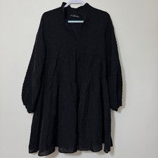 POMANDER PLACE Textured Tiered Dress Size L Black Long Sleeve Lined