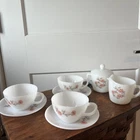 Vintage Fire King Milk Glass Fleurette Coffee Tea Set Cup Saucer Pink Milk Sugar