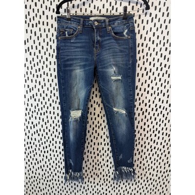 Kancan Skinny Crop Ankle Jeans Size 5/26 Raw Hem Blue Dark Wash Distressed