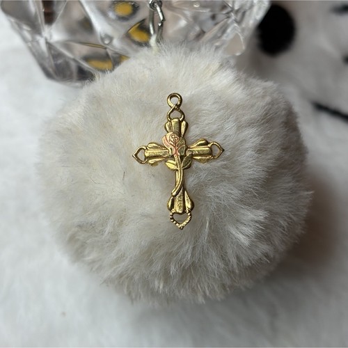 White Faux Fur Pom Pom Keyring Keychain w/Gold plated Religious Cross Charm