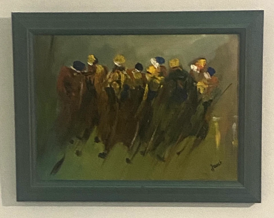 Tableau Contemporain Figuratif Huile sur Toile Chevaux Polo Course Signé Jaeck - Photo 1/4