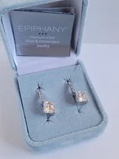 QVC Epiphany Platinum Clad Diamonique Sterling Square Cut Dangle Hoop Earrings 