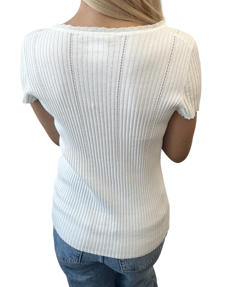 CHANEL винтажный 08P CC Mark логотип ребро вязаный футболка Топ #38 белый серый хлопок - Изображение 4 из 4