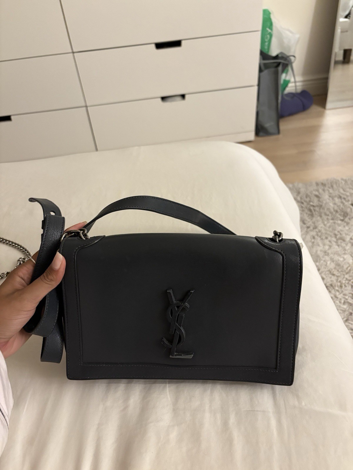 Yves Saint Laurent Dark Smog Calfskin Monogram Leather Book Bag