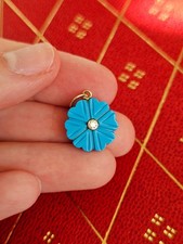 9ct Gold Carved Turquoise Flower Pendant | Natural Diamond Centre | Solid Gold G