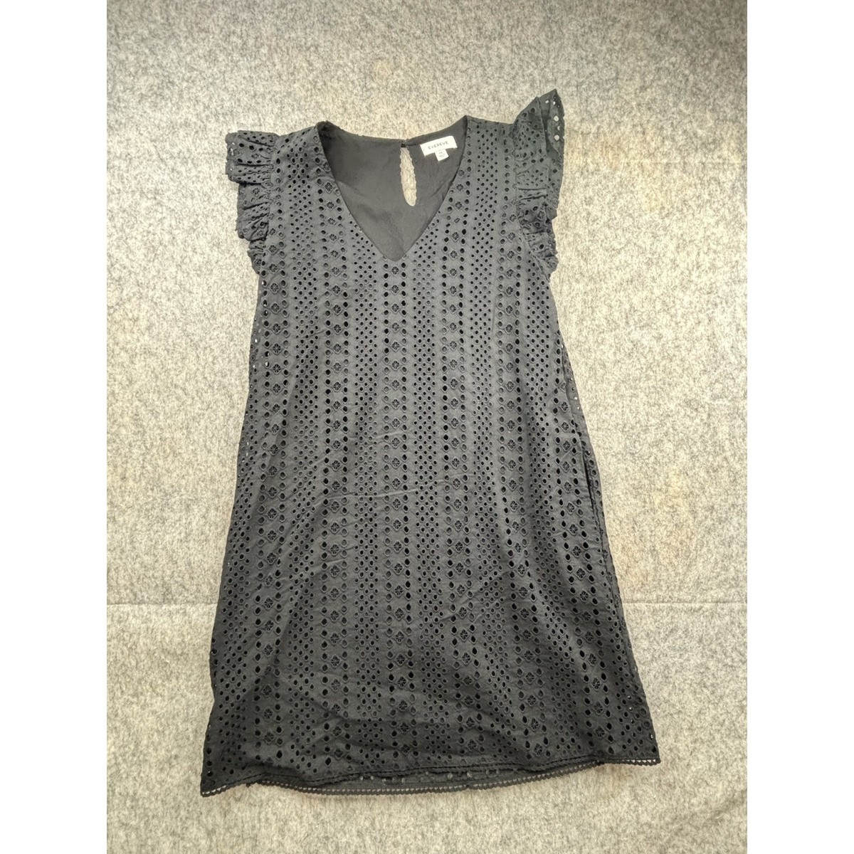 Evereve Dress Womens XS Black V-Neck Cotton Lined Mini Eyelet Flutter Sleeve  | eBay