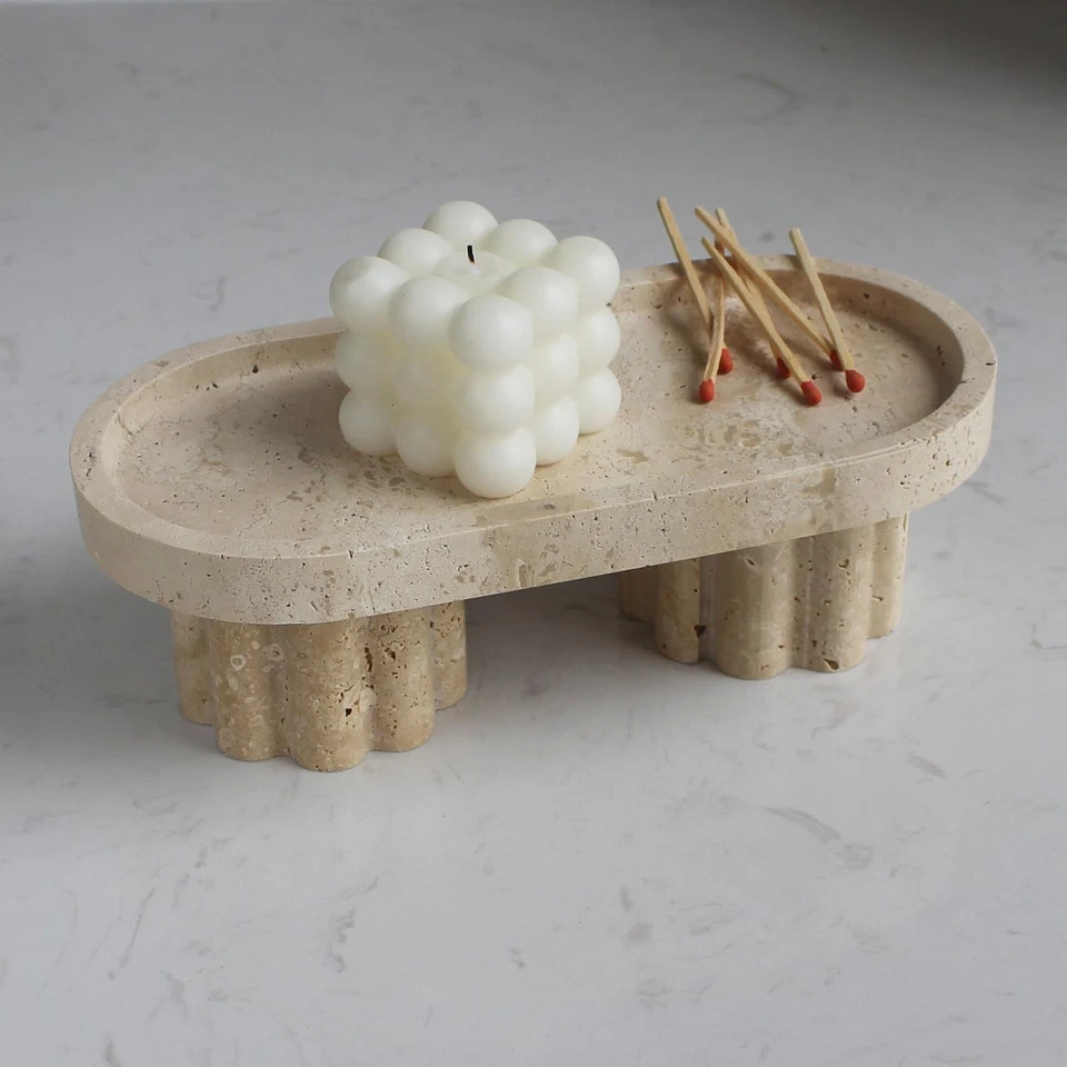 Natural Travertine Marble Oval Tray with 2 Legs, 10" Vanity Decorative Tray f... - Image 2 of 4