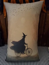 OLD PRIMITIVE VINTAGE VICTORIAN FOLK ART STYLE HALLOWEEN WITCH RIDES BIKE PILLOW