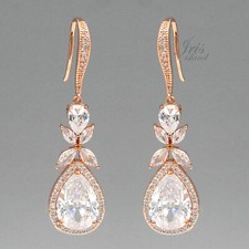ROSE GOLD Plated Cubic Zirconia CZ Wedding Bridal Drop Hook Dangle Earrings 9276