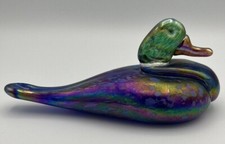  Art Glass Duck Figurine Paper Weight Vines Studio Signed Iridescent 2003 8" L 