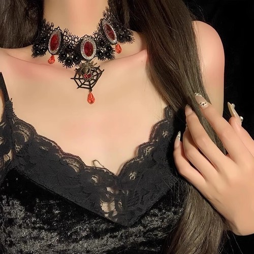 Halloween spider web tassel chain necklace, gem lace dark collar, Gothic Lolita - Imagen 4 de 4