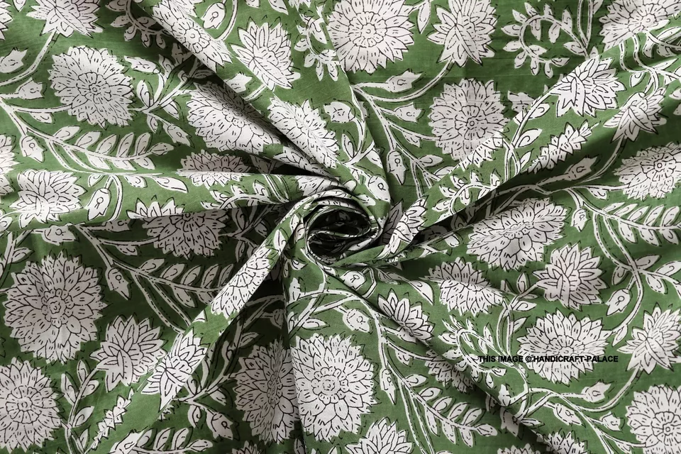 3 Yard Indian Cotton Hand Block Print Green Floral Beautiful Craft Sewing Fabric - Image 3 of 4