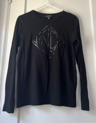 T-Shirt Lauren Ralph Lauren Women's Black Classic Sequin Logo Top Blouse L