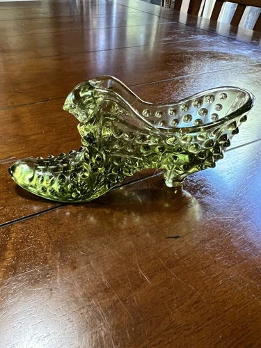 Vintage Fenton Art Glass Olive Green Hobnail Cat Head Shoe Slipper Heel Boot