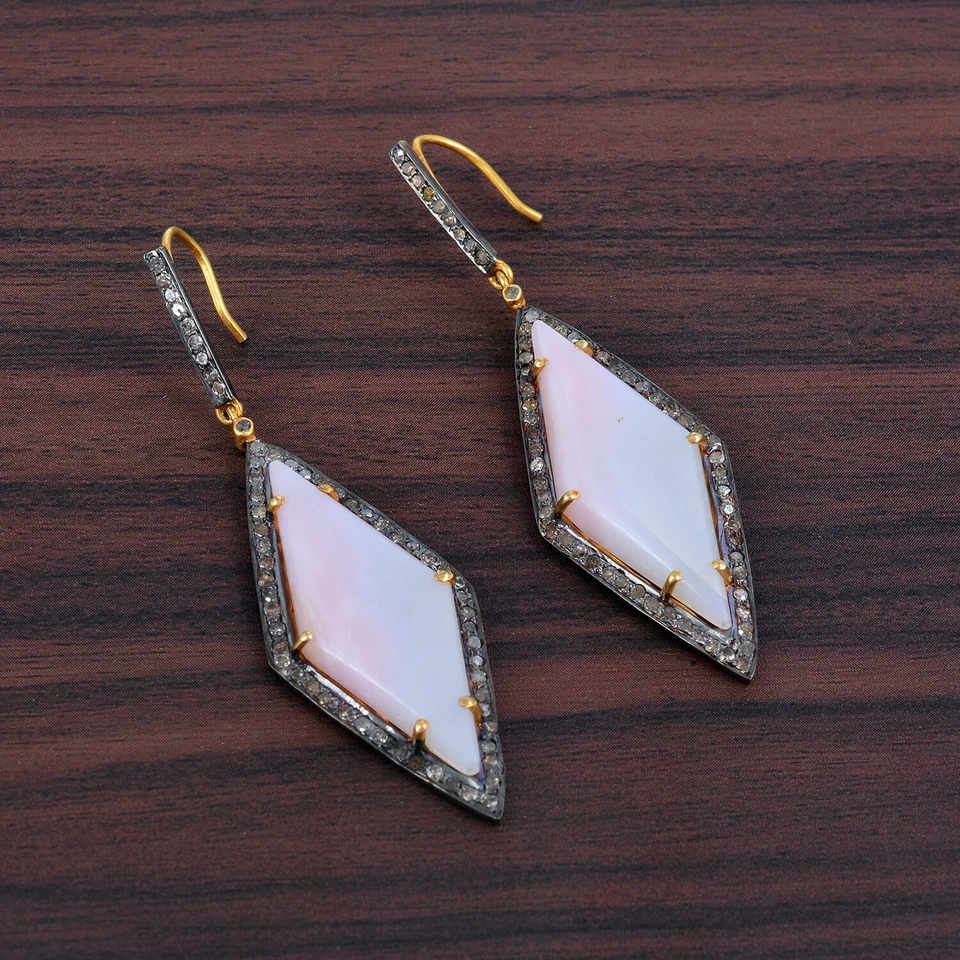 Pendientes colgantes de plata 925 con piedras preciosas de ópalo pavé de diamantes oro de 14K joyería de regalo fina Foto 3 de 4