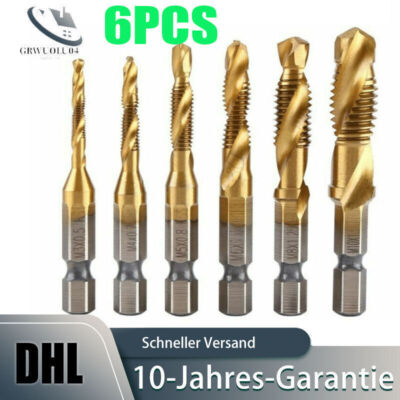 6PCS Bohrer Drill with Tap Bit Metal M3-M10 Hex 1/4'' Hex Shank Set Bohren DE