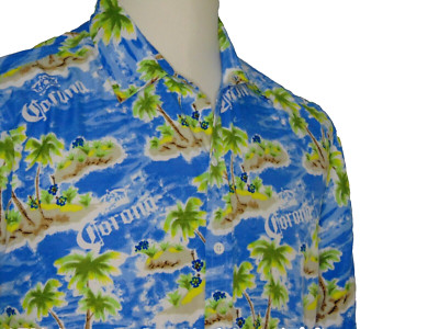 Corona Beer Hawaiian Shirt Mens M Polyester Button Up Party Palms Blue Sky